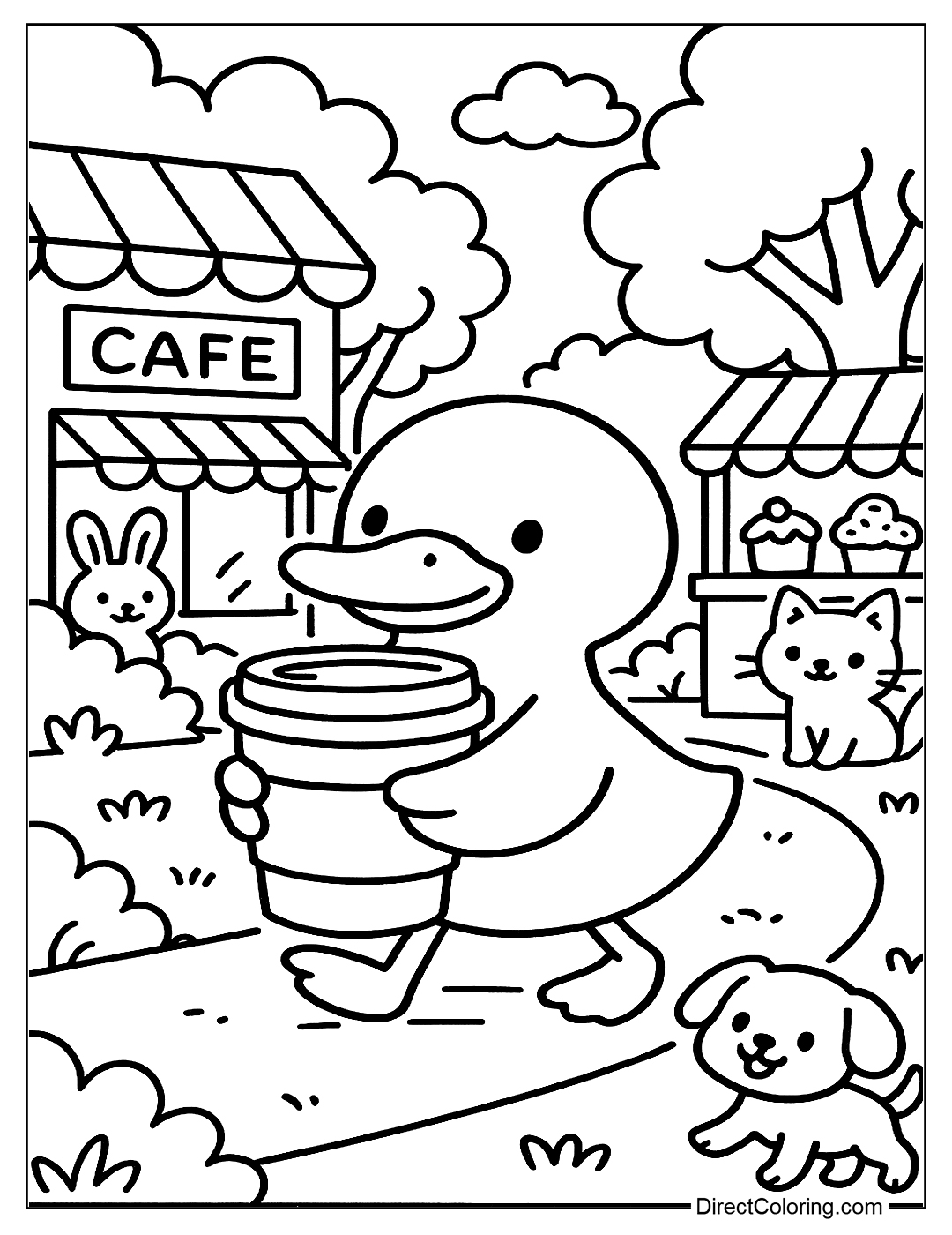 Duck Holding a Cup of Coffee Coloring Page